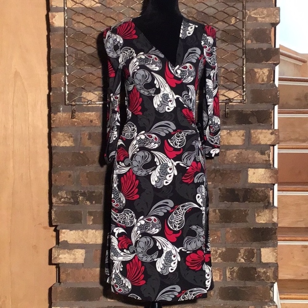 Express wrap dress red black gray paisley print  rayon spandex mix S